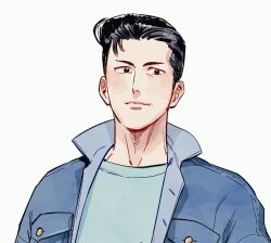 Rule 34 | 1boy, black eyes, black hair, blue jacket, blue shirt, close-up, closed mouth, halorane, jacket, male focus, mito youhei, open clothes, open jacket, shirt, sideburns, simple background, slam dunk (series), solo, upper body, white background