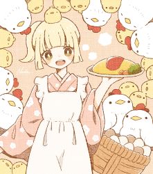 Rule 34 | 1girl, animal, animal on head, apron, basket, bird, blonde hair, blunt bangs, blush, chick, chicken, egg, floral print, food, highres, holding, holding plate, maid, nada namie, omelet, omurice, on head, open mouth, original, pink background, plate, ponytail, sidelocks, signature, simple background, wa maid, wide sleeves, yellow eyes