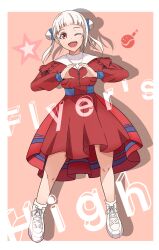 ;d absurdres arashi_chisato arched_bangs blush border character_logo circle_hands commentary_request double_bun dress drop_shadow flyer&#039;s_high_(love_live!) full_body hair_bun highres long_hair long_sleeves looking_at_viewer love_live! love_live!_superstar!! medium_dress official_alternate_costume one_eye_closed open_mouth orange_background puffy_long_sleeves puffy_sleeves red_dress red_eyes shita_ryo129 shoes smile sneakers song_name standing teeth twintails upper_teeth_only white_border white_hair white_shoes