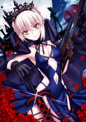 Rule 34 | 1girl, artoria pendragon (all), artoria pendragon (alter swimsuit rider) (third ascension) (fate), artoria pendragon (fate), black gloves, blonde hair, blush, breasts, cleavage, closed mouth, collarbone, dual wielding, fate/grand order, fate/stay night, fate (series), firebate, flower, gloves, gun, highres, holding, holding gun, holding sword, holding weapon, looking at viewer, medium breasts, navel, red flower, red rose, rose, saber (fate), saber alter, short hair, smile, solo, sword, weapon, yellow eyes