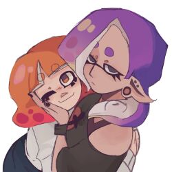 2girls black_nails domino_mask earrings genderswap genderswap_(mtf) grey_eyes highres jewelry long_sleeves mask multiple_girls nami_(splatoon) nintendo one_eye_closed orange_eyes orange_hair purple_hair quinn_(splatoon) shirt simple_background splatoon_(series) tentacle_hair tripledip upper_body white_background white_shirt