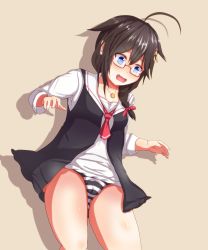 Rule 34 | 1girl, @ @, ahoge, blush, braid, cameltoe, collared shirt, cunachio, embarrassed, glasses, hair between eyes, hair flaps, hair ornament, hair ribbon, highres, jewelry, kantai collection, long hair, long sleeves, looking down, neckerchief, necklace, no pants, open mouth, panties, ribbon, shigure (kancolle), shigure kai ni (kancolle), shirt, solo, striped clothes, striped panties, sweater vest, thighs, underwear, white shirt