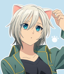 Rule 34 | 1girl, anastasia (idolmaster), animal ears, black shirt, blue background, blue eyes, cat ears, collarbone, goneeeen, green jacket, hair between eyes, idolmaster, idolmaster cinderella girls, jacket, looking up, open clothes, open jacket, open mouth, shirt, short hair, silver hair, solo, upper body