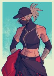 Rule 34 | 1girl, abs, absurdres, apex legends, baseball cap, belt, black belt, black hat, black shirt, black shorts, blue eyes, breasts, crop top, cropped shirt, grey hair, hair behind ear, hat, highres, holding, holding clothes, holding jacket, jacket, medium breasts, midriff, navel, official alternate costume, ponytail, red jacket, shirt, shorts, sleeveless, sleeveless shirt, solo, street smart wraith, unworn jacket, vinegar and soda, wraith (apex legends)