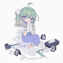 Rule 34 | 1girl, :o, ahoge, apron, back bow, blood, blue apron, blue eyes, blunt bangs, blush stickers, bow, collar, cuts, daizu (melon-lemon), detached ahoge, electric screwdriver, eyes visible through hair, film grain, from side, full body, furrowed brow, gloves, gradient eyes, green hair, grey background, hair between eyes, hair intakes, hands up, heart, heart in eye, injury, long hair, looking at viewer, looking to the side, miniskirt, multicolored eyes, muted color, no nose, nosebleed, one side up, original, own hands clasped, own hands together, parted lips, petticoat, pleated skirt, power tool, puffy short sleeves, puffy sleeves, remote control vibrator, self-harm, sex toy, shoes, short sleeves, sidelocks, simple background, single tear, sitting, skirt, solo, sweat, symbol in eye, tape, tareme, tearing up, thighhighs, tissue, tissue box, used tissue, uwabaki, vibrator, vibrator in thighhighs, vibrator under clothes, waist apron, wariza, white bow, white footwear, white gloves, white skirt, white thighhighs, zettai ryouiki