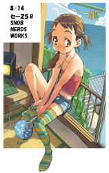 Rule 34 | 1girl, balcony, blue thighhighs, brown eyes, brown hair, clothesline, cloud, day, denim, denim shorts, desk, drink, green thighhighs, mouth hold, multicolored clothes, multicolored legwear, ocean, original, pen, sameda koban, short hair, short twintails, shorts, sitting, sky, solo, striped clothes, striped thighhighs, tank top, television, thighhighs, twintails, water, window, yellow thighhighs