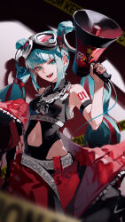 Rule 34 | 1girl, 39, absurdres, aqua eyes, aqua hair, arm strap, blunt bangs, chain necklace, clothing cutout, commentary, eyewear on head, hand on own hip, hatsune miku, highres, holding, holding megaphone, jewelry, jiu ye sang, looking at viewer, magical mirai (vocaloid), magical mirai miku, magical mirai miku (2023), megaphone, navel cutout, necklace, off shoulder, open mouth, red nails, side cutout, sidelocks, teeth, twintails, upper teeth only, vocaloid