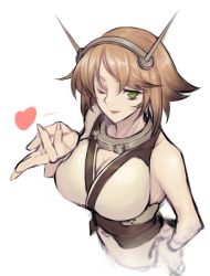 Rule 34 | 10s, 1girl, bare shoulders, blowing kiss, breasts, brown hair, cleavage, collar, eyebrows, green eyes, headgear, heart, jonylaser, kantai collection, large breasts, looking at viewer, mutsu (kancolle), one eye closed, short hair, simple background, solo, white background