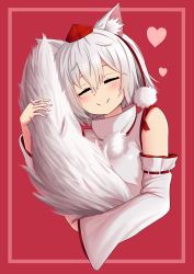 Rule 34 | 1girl, absurdres, animal ears, bare shoulders, blush, border, closed mouth, detached sleeves, closed eyes, hat, heart, highres, holding own tail, hug, inubashiri momiji, pink border, pom pom (clothes), red background, ribbon-trimmed sleeves, ribbon trim, shirt, short hair, silver hair, simple background, sleeping, sleeveless, sleeveless shirt, smile, solo, tail, hugging tail, the only shoe, tokin hat, touhou, turtleneck, upper body, white shirt, wide sleeves, wolf ears, wolf girl, wolf tail