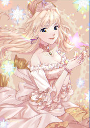 Rule 34 | 1girl, absurdres, ayuko (ayuko54bornthisway), blonde hair, blue eyes, bracelet, breasts, brown choker, choker, cleavage, closed mouth, dress, earrings, floating hair, highres, jewelry, long dress, long hair, looking at viewer, macross, macross frontier, medium breasts, nail polish, necklace, off-shoulder dress, off shoulder, pink dress, pink nails, red lips, sheryl nome, smile, solo, very long hair