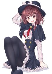 Rule 34 | 1girl, black capelet, black footwear, black hat, black pantyhose, black skirt, bow, brown eyes, brown hair, capelet, center frills, commentary, crossed ankles, dress shirt, fedora, frilled skirt, frills, hair bow, hand on headwear, hat, hat bow, high-waist skirt, loafers, long sleeves, looking at viewer, miniskirt, necktie, open mouth, pantyhose, ramie (ramie541), red necktie, ribbon-trimmed capelet, ribbon-trimmed skirt, ribbon trim, shadow, shirt, shoes, simple background, sitting, skirt, smile, solo, touhou, usami renko, white background, white shirt