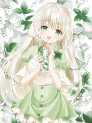 Rule 34 | 1girl, :d, arms up, blush, braid, breasts, commentary, contrapposto, cowboy shot, cup, dress, drinking glass, drinking straw, green dress, hair ornament, head tilt, highres, holding, holding cup, ice, ice cube, kompeitou (lemon garden), layered dress, leaf hair ornament, long hair, open mouth, original, peppermint, petticoat, puffy short sleeves, puffy sleeves, short sleeves, silver hair, single braid, small breasts, smile, standing, very long hair, water drop