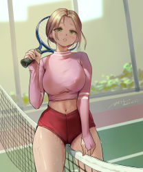 Rule 34 | 1girl, absurdres, between legs, blonde hair, breasts, earrings, eyeshadow, forehead, green eyes, hand up, highleg shorts, highres, holding, jewelry, large breasts, legs apart, long sleeves, makeup, navel, no bra, original, parted bangs, parted lips, pink shirt, racket, red shorts, shirt, short hair, short shorts, shorts, signature, solo, standing, sweat, taut clothes, taut shirt, teeth, tennis court, tennis racket, thighs, yang chen (lee5)