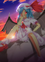 Rule 34 | 1girl, ascot, bat wings, blue hair, grin, hair over one eye, hand on own hip, hat, head rest, highres, looking at viewer, mary janes, red eyes, remilia scarlet, shoes, short hair, sitting, smile, solo, touhou, twilight, wings, yuimari