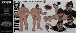 Rule 34 | 1boy, absurdres, ass, bara, beard, black sclera, brusi (iixblacklionxii), character sheet, colored sclera, completely nude, crazy smile, dark-skinned male, dark skin, demon boy, expressions, facial hair, feet out of frame, full body, glowing, glowing eyes, grin, highres, iixblacklionxii, large hands, large pectorals, long tongue, looking at viewer, male focus, mature male, muscular, muscular male, nipples, no genitals, nude, original, pectorals, pointy ears, scar, scar on arm, scar on chest, short hair, sideburns, smile, standing, stomach, strongman waist, sunglasses, thick eyebrows, tongue, towel, towel around neck, umbrakinesis, yellow eyes