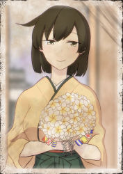 Rule 34 | 1girl, blush, border, bouquet, brown hair, flower, green hakama, hakama, hakama short skirt, hakama skirt, hiryuu (kancolle), holding, holding bouquet, iwana, japanese clothes, kantai collection, looking at viewer, muted color, one side up, short hair, skirt, smile, solo, upper body, white border, wide sleeves