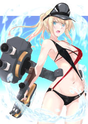 Rule 34 | 1girl, alternate costume, alternate hairstyle, bare arms, bare shoulders, bikini, bismarck (kancolle), blonde hair, blue eyes, blush, breasts, cannon, cleavage, commentary request, cowboy shot, gloves, gluteal fold, gun, hair between eyes, hand on own hip, hat, holding, kantai collection, large breasts, long hair, looking at viewer, machinery, mikage takashi, navel, o-ring, open mouth, peaked cap, ponytail, rigging, sidelocks, solo, swimsuit, turret, weapon