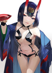 Rule 34 | 1girl, alcohol, bare shoulders, blazpu, bob cut, breasts, collarbone, cup, eyeliner, fate/grand order, fate (series), headpiece, highres, horns, japanese clothes, kimono, leaning forward, long sleeves, looking at viewer, makeup, navel, off shoulder, oni, open clothes, open kimono, pointy ears, purple eyes, purple hair, purple kimono, revealing clothes, sakazuki, sake, short hair, shuten douji (fate), skin-covered horns, small breasts, smile, solo, thighs, tongue, tongue out, wide sleeves