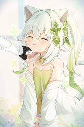 Rule 34 | 2girls, ^ ^, animal ears, cat ears, cat girl, cat tail, chin stroke, closed eyes, commentary request, dress, extra ears, genshin impact, gradient hair, green dress, hair between eyes, hair ornament, highres, kemonomimi mode, long hair, long sleeves, looking at another, looking away, lumine (genshin impact), mogumogumo 0, multicolored hair, multiple girls, nahida (genshin impact), out of frame, pointy ears, side ponytail, sidelocks, sleeveless, smile, solo focus, spaghetti strap, tail, white hair