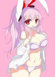 Rule 34 | 1girl, alternate hairstyle, amii, animal ears, bad id, bad pixiv id, blush, bra, breasts, rabbit ears, curvy, hair ribbon, heart, heart-shaped pupils, large breasts, light purple hair, long hair, long sleeves, midriff, mole, mole on breast, navel, no pants, open clothes, open mouth, open shirt, panties, pink background, ponytail, red eyes, reisen udongein inaba, ribbon, round teeth, shirt, simple background, smile, solo, symbol-shaped pupils, teeth, touhou, underwear, wide hips