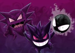 Rule 34 | absurdres, closed eyes, creatures (company), evolutionary line, fangs, game freak, gastly, gen 1 pokemon, gengar, grin, haunter, highres, looking at viewer, making-of available, nintendo, no humans, open mouth, pokemon, pokemon (creature), purple background, shukeiart, smile, spanish commentary, tongue