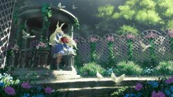 Rule 34 | 1girl, agrafl, animal ears, bird, blonde hair, blue dress, blue flower, boots, commentary, day, dove, dress, english commentary, fence, final fantasy, final fantasy xiv, flower, flower pot, grass, highres, holding, holding flower pot, long hair, long sleeves, outdoors, pink flower, plant, purple flower, rabbit ears, scenery, shoes, solo, stairs, standing, sunlight, tree, very long hair, warrior of light (ff14), white hair, wide shot