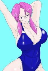 Rule 34 | 1girl, alternate costume, arm behind head, arm up, armpits, blue eyes, blue one-piece swimsuit, breasts, cleavage, creatures (company), game freak, glasses, highleg, highleg swimsuit, huge breasts, large breasts, lorelei (pokemon), nintendo, one-piece swimsuit, pokemon, pokemon (anime), sideboob, sidelocks, skin tight, smile, solo, swimsuit, wide hips