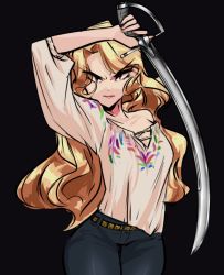 Rule 34 | 1girl, arm up, bare shoulders, belt, black background, blonde hair, breasts, centurii-chan (artist), closed mouth, commentary, denim, english commentary, eyes visible through hair, holding, holding sword, holding weapon, jeans, lips, long hair, long sleeves, looking at viewer, medium breasts, original, pants, saber (weapon), shirt, simple background, solo, sword, weapon, white shirt