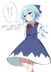 Rule 34 | 1girl, blue bow, blue dress, blue eyes, blue hair, bow, cirno, dress, ice, ice wings, ochazuke, red ribbon, ribbon, short hair, simple background, solo, touhou, translated, white background, wings