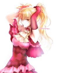 Rule 34 | 1girl, blonde hair, brown eyes, dress, elbow gloves, fire emblem, fire emblem: genealogy of the holy war, flower, formal, frilled dress, frills, gloves, hair flower, hair ornament, highres, lachesis (fire emblem), long hair, looking at viewer, mintes, nintendo, simple background, solo, tying hair, white background
