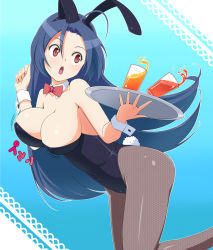 Rule 34 | 1girl, animal ears, blue hair, bow, bowtie, breasts, cleavage, collarbone, detached collar, drink, fake animal ears, fishnet pantyhose, fishnets, glass, idolmaster, idolmaster (classic), juice, leotard, long hair, miura azusa, open mouth, pantyhose, playboy bunny, rabbit ears, rabbit tail, red eyes, shougi (116), sleeveless, solo, spill, tail, tray, wrist cuffs