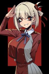 Rule 34 | 1girl, bags under eyes, belt, black border, blonde hair, blue ribbon, bob cut, border, breasts, grin, hair ribbon, highres, large breasts, long eyelashes, long sleeves, looking at viewer, lycoris recoil, lycoris uniform, nagainegi, neck ribbon, nishikigi chisato, one side up, pleated skirt, red belt, red eyes, red ribbon, red shirt, ribbon, salute, shirt, shirt tucked in, short hair, skirt, smile, solo, teeth, upper body, v-shaped eyebrows, wing collar