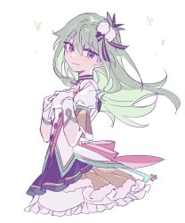 Rule 34 | 1girl, back bow, bow, commentary, dress, frilled dress, frills, gloves, green hair, hair flaps, hands up, highres, kusanagi nene, long hair, low-tied sidelocks, pink bow, project sekai, puffy short sleeves, puffy sleeves, purple eyes, ryoung476, short sleeves, simple background, skirt, solo, symbol-only commentary, upper body, white background, white gloves