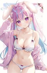 Rule 34 | 1girl, ahoge, animal ears, aqua hair, aria (ariacue), arm at side, armpit crease, bare shoulders, black bow, blue nails, blush, bow, bra, braid, breasts, bright pupils, cardigan, cherry blossoms, cleavage, closed mouth, collarbone, colored inner hair, commentary request, cowboy shot, crossed bangs, curtains, day, drop earrings, earrings, extra ears, eyelashes, falling petals, flower, flower earrings, green ribbon, hair between eyes, hair flower, hair intakes, hair ornament, hand up, happy, head tilt, highres, hololive, jewelry, large breasts, light particles, long hair, minato aqua, multicolored hair, nail polish, navel, open cardigan, open clothes, outdoors, panties, partial commentary, petals, pink cardigan, pink flower, pink hair, purple eyes, rabbit ears, ribbon, side braid, sidelighting, sitting, sleeves past wrists, smile, solo, spring (season), stomach, streaked hair, thigh gap, two side up, underwear, very long hair, virtual youtuber, white bra, white panties