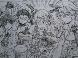 Rule 34 | 10s, 5girls, ^^^, asphyxiation, bare shoulders, bismarck (kancolle), blunt bangs, blush, braid, breasts, capelet, choking on object, chopsticks, cup, dessert, detached sleeves, dress, eating, flying sweatdrops, food, food on face, french braid, glasses, graphite (medium), greyscale, hair ornament, hair ribbon, hat, headdress, headgear, highres, kantai collection, kerchief, kojima takeshi, large breasts, libeccio (kancolle), littorio (kancolle), long hair, long sleeves, military hat, monochrome, multiple girls, neckerchief, necktie, nose blush, peaked cap, pince-nez, plate, ribbon, rice, rice on face, roma (kancolle), sailor dress, short hair, sleeveless, smile, sushi, teacup, tears, traditional media, translated, twintails, wavy hair, zara (kancolle)