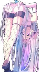 Rule 34 | 1girl, absurdres, ass, bent over, fishnets, highres, hololive, hololive english, koseki bijou, leaning forward, leotard, long hair, looking at viewer, looking back, purple eyes, solo, the0neulost, upside-down, very long hair, virtual youtuber
