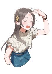 Rule 34 | 1girl, absurdres, arm at side, belt, blue skirt, blush, brown belt, brown hair, bruise, bruise on face, closed eyes, cropped legs, forehead, furrowed brow, gakuen idolmaster, hair ornament, hand on own forehead, hand up, highres, idolmaster, injury, kuramoto china, laurels, long hair, notice lines, open mouth, parted bangs, ribbed shirt, shirt, shirt tucked in, short eyebrows, short sleeves, simple background, skirt, solo, tearing up, uouokuma, watch, white shirt, wristwatch