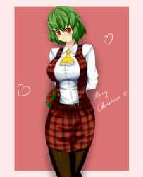 Rule 34 | 1girl, ascot, belt, black pantyhose, blush, breasts, embarrassed, english text, female focus, gift, green hair, heart, highres, kazami yuuka, large breasts, looking at viewer, merry christmas, pantyhose, plaid, plaid skirt, plaid vest, red eyes, safurantora, short hair, skirt, solo, sweat, touhou, vest