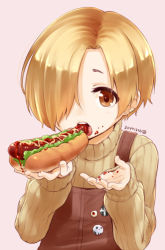 Rule 34 | 10s, 1girl, 2014, blonde hair, blush, brown eyes, buttons, dated, earrings, eating, food, food on face, hair over one eye, hot dog, idolmaster, idolmaster cinderella girls, jewelry, ketchup, looking at viewer, nagian, open mouth, shirasaka koume, short hair, solo, sweater, turtleneck