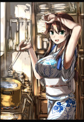 Rule 34 | 1girl, arm up, armpits, artist name, breasts, brown hair, chopsticks, collarbone, cooking, floral print, green eyes, highres, indoors, japanese clothes, kantai collection, kimono, kitchen, large breasts, long hair, looking at viewer, noshiro (kancolle), obi, pot, sash, seitei (04seitei), sketch, solo, steam, stove, upper body, white kimono, wide sleeves, yukata