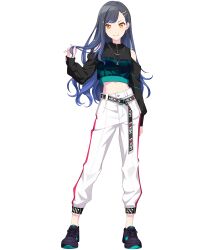 Rule 34 | 1girl, black footwear, black hair, black shirt, blue hair, clothing cutout, earrings, full body, gradient hair, green shirt, hair ornament, hairclip, highres, holding, holding own hair, jewelry, long hair, looking at viewer, midriff, multicolored hair, multicolored shirt, navel, necklace, non-web source, official art, orange eyes, pants, project sekai, shiraishi an, shirt, shoes, shoulder cutout, smile, sneakers, solo, tachi-e, transparent background, white pants