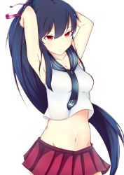 Rule 34 | 10s, 1girl, adjusting hair, armpits, arms behind head, black hair, blush, breasts, collarbone, firen, hair ribbon, hands in hair, highres, kantai collection, long hair, looking at viewer, midriff, miniskirt, navel, necktie, pleated skirt, ponytail, red eyes, ribbon, sailor collar, shirt, simple background, skirt, sleeveless, sleeveless shirt, solo, upper body, very long hair, white background, yahagi (kancolle)