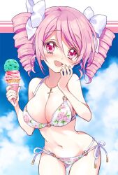 Rule 34 | 1girl, bikini, blush, bow, breasts, cleavage, cross, cross necklace, drill hair, floral print, floral print bikini, food, hair bow, ice cream, jashin-chan dropkick, jewelry, large breasts, looking at viewer, navel, necklace, official art, open mouth, pink eyes, pink hair, pino (jashin-chan dropkick), side-tie bikini bottom, sky, smile, solo, swimsuit, twin drills, yukiwo