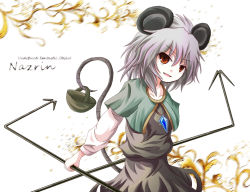 Rule 34 | 1girl, animal ears, bad id, bad pixiv id, basket, dowsing rod, dress, female focus, grey dress, grey hair, jewelry, mouse (animal), mouse ears, mouse tail, nazrin, necklace, red eyes, smile, solo, tail, tamago gohan, touhou