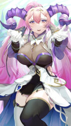 Rule 34 | 1girl, absurdres, asymmetrical legwear, black dress, black thighhighs, bodystocking, breasts, commentary request, curled horns, dress, earrings, fire emblem, fire emblem heroes, gloves, goat horns, gold trim, hair between eyes, highres, horns, ikura (downdexp), jewelry, large breasts, large horns, long hair, looking at viewer, mismatched legwear, nerthus (fire emblem), nintendo, no nose, open mouth, outstretched arms, pink hair, ponytail, purple eyes, purple horns, reaching, reaching towards viewer, signature, single earring, smile, solo, thighhighs, two-tone dress, very long hair, white dress, white gloves, white thighhighs, zettai ryouiki