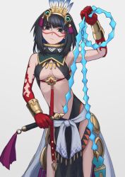 Rule 34 | 1girl, aztec, black hair, blood, blood on hands, blue hair, bracer, colored inner hair, facepaint, fate/grand order, fate (series), feathers, grey eyes, halterneck, headdress, high collar, holding, holding whip, looking at viewer, multicolored hair, purutoppu (toranohige), solo, tassel, tenochtitlan (fate), tenochtitlan (first ascension) (fate), whip