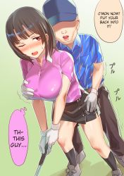 Rule 34 | 10s, 1boy, 1girl, absurdres, alternate costume, black hair, black legwear, black skirt, blue shirt, blush, grabbing another&#039;s breast, breasts, commentary request, eyebrows, faceless, faceless male, full body, gloves, golf, golf club, grabbing, grabbing from behind, hard-translated, hat, hetero, highres, holding, holding golf club, kantai collection, kitazawa (embers), large breasts, miniskirt, nose blush, one eye closed, open mouth, pencil skirt, pink shirt, polo shirt, red eyes, shirt, shoes, short hair, skirt, sneakers, speech bubble, sweatdrop, takao (kancolle), third-party edit, thought bubble, translated, white gloves