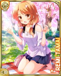 Rule 34 | 1girl, :o, barefoot, black skirt, brown eyes, brown hair, card (medium), cherry blossoms, day, girlfriend (kari), jewelry, kneeling, looking at viewer, low twintails, necklace, official art, open mouth, outdoors, qp:flapper, shirt, skirt, solo, tagme, tamai remi, twintails, white shirt