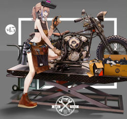 Rule 34 | 1girl, adjustable wrench, apron, bare shoulders, blue eyes, box, brown gloves, cardboard box, cat, character name, chinese commentary, commentary request, dirty, dirty face, flat chest, full body, girls&#039; frontline, gloves, grey background, leather, leather gloves, lin+, mask, mask on head, mechanic, motor vehicle, motorcycle, official alternate costume, official art, pink hair, ponytail, screwdriver, shoes, shorts, solo, st ar-15 (breeze in a summer afternoon) (girls&#039; frontline), st ar-15 (girls&#039; frontline), tool belt, tools, welding mask, welding torch, wrench