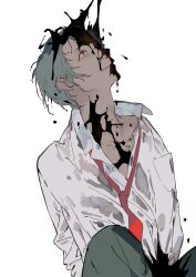 Rule 34 | 1boy, adachi tooru, blood, blood on clothes, blood on face, blood splatter, blue eyes, collared shirt, commentary request, grey hair, grey pants, kaninn, long sleeves, looking up, male focus, necktie, open mouth, pants, partially unbuttoned, persona, persona 4, red necktie, see-through, see-through shirt, shirt, short hair, simple background, sitting, smile, solo, undone necktie, wet, wet clothes, white background, white shirt